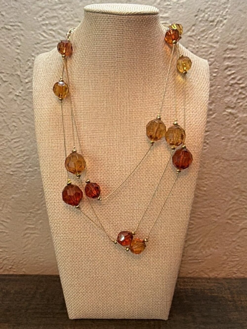Long Gold Tone Amber Brown Station Beaded Layering Necklace 60” Like New